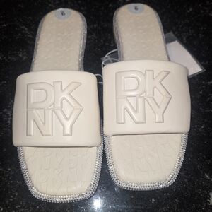 DKNY Cream White Logo Crystal-Trim Slide Sandals